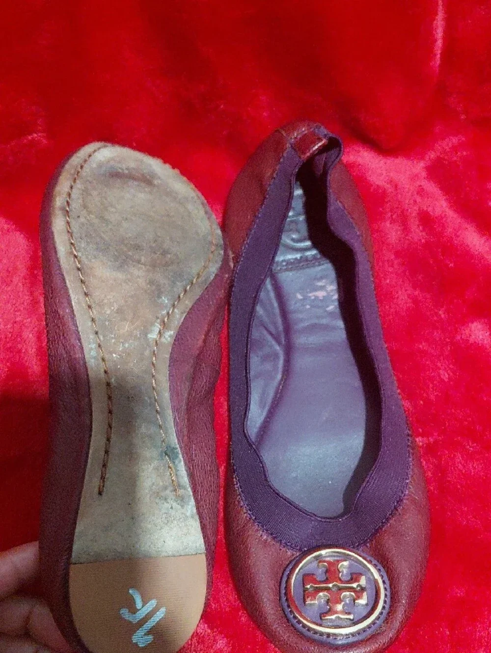 Tory Burch Cherry Red Leather Logo Ballet Flats